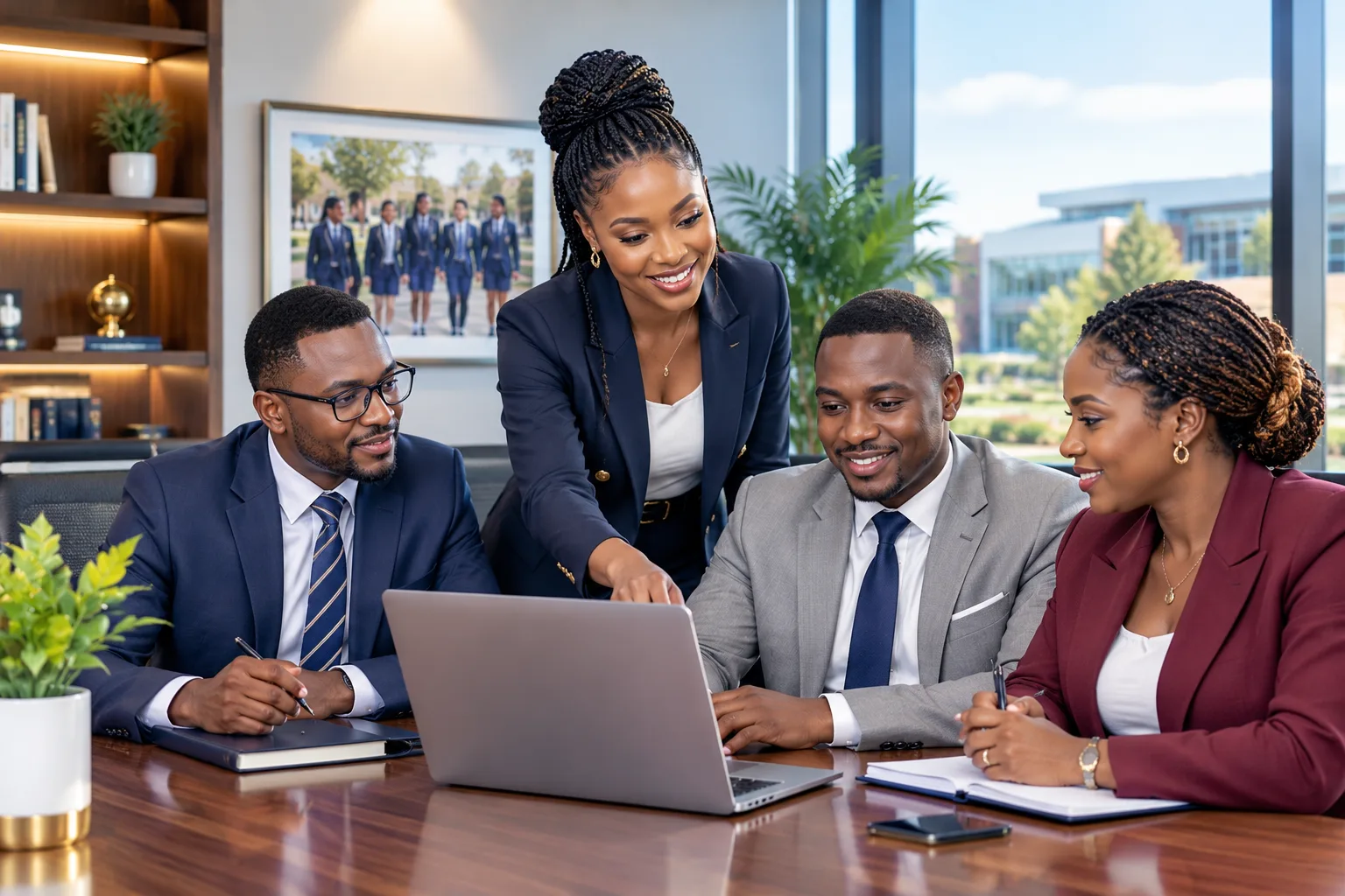 Diverse team of professionals collaborating around a laptop in a modern office